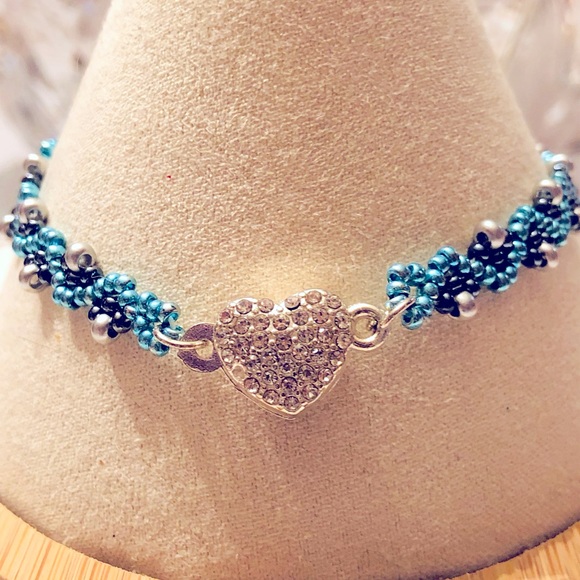 Turquoise Blue Silver Grey Zircon bracelet minimalist thin  NWOT Magnetic Heart - Picture 3 of 6